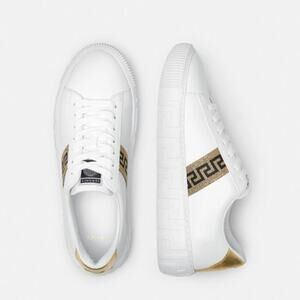 VERSACE La Greca Lace Up Low Top Sneakers White Gold
